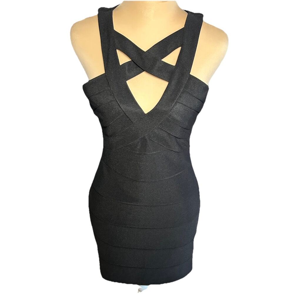 Crystal Doll Bandage Bodycon Cross-Front Black Mini Dress Club Cocktail Sz 5